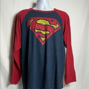 Superman Logo Long Sleeve Shirt Mens Size XL Blue Red Baseball Style Shirt